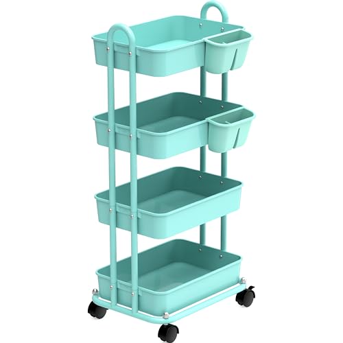 Simple Houseware 4-Tier Rolling Utility Cart with Hanging Bucket, Turquoise | Storage for Bathroom, Kitchen, Office, Study Room, Nursery Diaper - color: Turqoise, size: 4-Tier