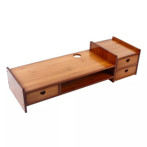 Bamboo Monitor Stand with Drawer, Multi-purpose Wood Monitor Riser Desk Organizer, Sturdy Desk Shelf for Notes Pen Computer Laptop Printer TV
