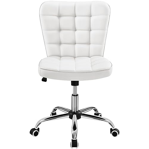Yaheetech White Tufted Armless Office Desk Chair with Wheels, Faux Leather - color: White