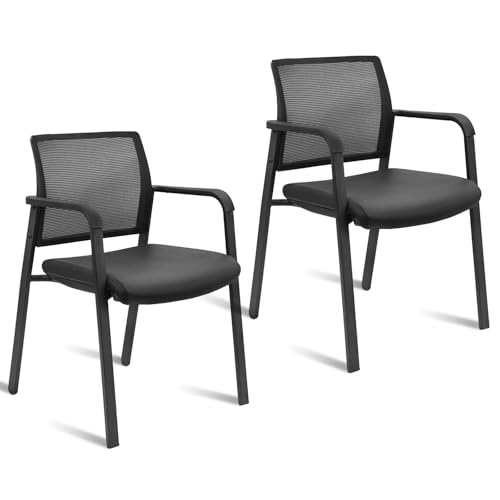 CLATINA Mesh Back Guest Reception Stacking Chair, Waiting Room Stackable Chairs with Upholstered Leather Seat & Ergonomic Lumbar Support for Office Conference School Study Church Lobby, Black, 2 Pack - color: Black_leather, size: 2pack