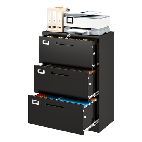 Metal Lateral 3 Drawer File Cabinet, Wide Filing Cabinet with Lock for Home Office Organization Hanging Files Letter/Legal/F4/A4 Size (Black, Assembly Required) - color: Black, size: 39.84"H x 28.35"W x 15.75"D