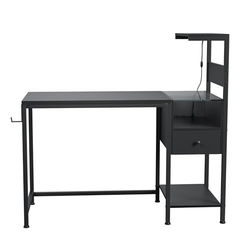 Computer Desk with Power Outlet and USB Charging Station, Space-Saving Study Writing Table with Storage Shelves, PC Laptop Workstation for Home Office Bedroom (Black) - color: Black
