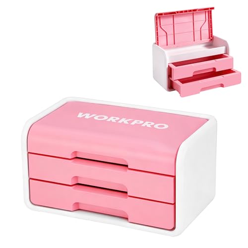 WORKPRO Small Storage Box with 2 Drawers and Flip-Top Lid | ABS Storage Case, PP Feet Pads, Arts and Crafts, Beads, Sewing Supplies, DIY Material Organization - color: Pink and White
