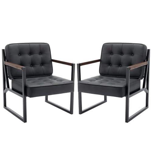 COLAMY Mid Century Modern Accent Chair Set of 2, Comfy Living Room Chair, Black Leather Accent Chair, Faux Leather Reception Armchair with Metal Legs for Living Room Bedroom Reception Office, Black - color: Black, size: Set of 2