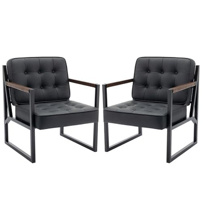 COLAMY Mid Century Modern Accent Chair Set of 2, Comfy Living Room Chair, Black Leather Accent Chair, Faux Leather Reception Armchair with Metal Legs for Living Room Bedroom Reception Office, Black - color: Black, size: Set of 2