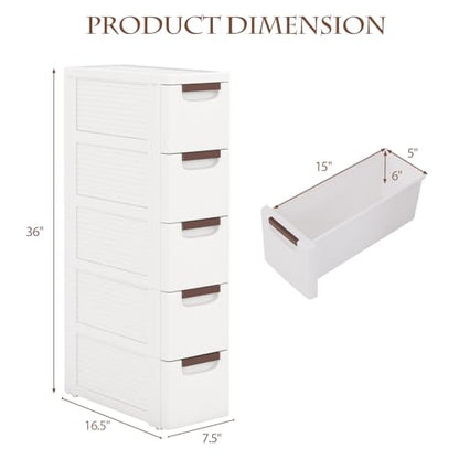 POWERSTONE 5-Drawer Plastic Storage Cart, Narrow Organizer Rolling Cart with 4 Wheels, Space-Saving Slim Mobile Utility for Bathroom, Office & Classroom - size: 36"H 5 Drawer
