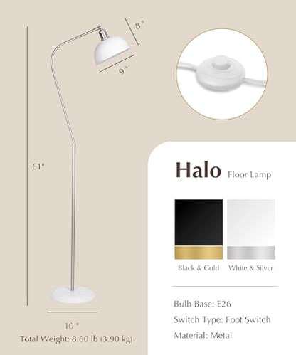 HarvestLand Halo Silver Floor Lamp with Adjustable Reading Light | Adjustable reading light, solid metal base, E26 bulb compatible. - color: White