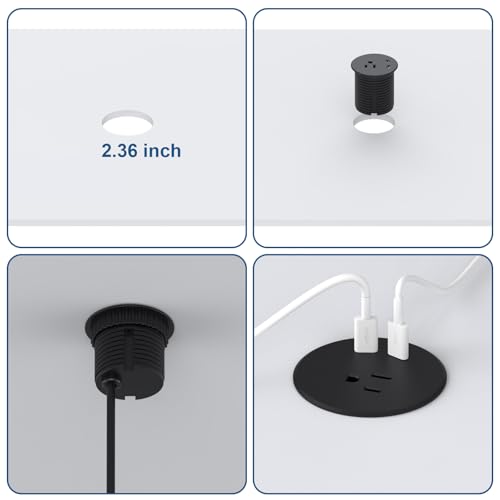 Desk Power Grommet, Haylink Recessed Power Strip with AC Outlet & 2X PD 20W USB C | 6.56FT Cable | 2.36"(60mm) Cut Hole| for Modern Desk, Kitchen Island & Workshop, Black