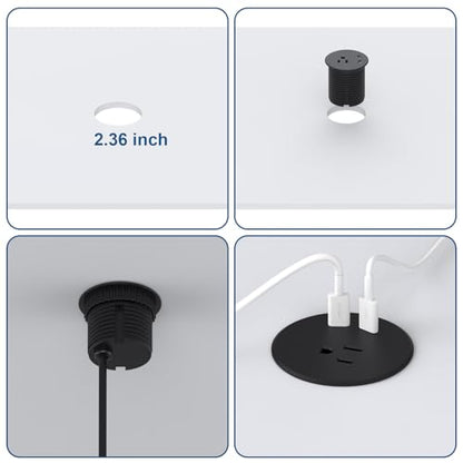 Desk Power Grommet, Haylink Recessed Power Strip with AC Outlet & 2X PD 20W USB C | 6.56FT Cable | 2.36"(60mm) Cut Hole| for Modern Desk, Kitchen Island & Workshop, Black