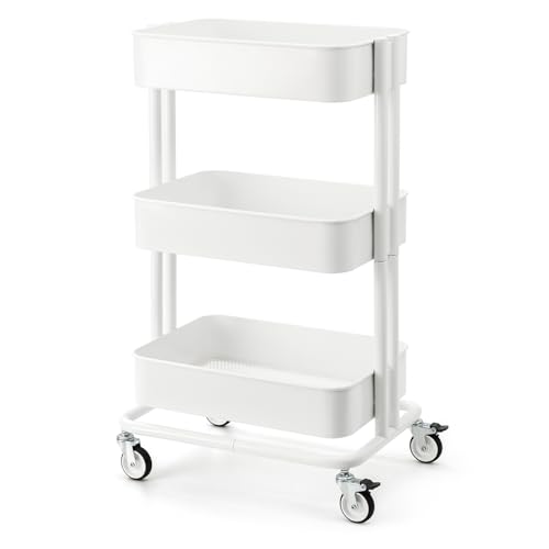3 Tier Rolling Cart Metal Heavy Duty Utility Cart with Silent Caster Lockable Wheels Multi-Functional Organization Carts Storage Trolley with Mesh Shelves for Office Kitchen Living Room white - color: White, size: Large