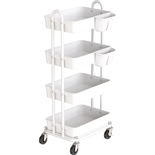 Simple Houseware 4-Tier Rolling Utility Cart with Hanging Bucket, White | Storage for Bathroom, Kitchen, Office, Study Room, Nursery Diaper - color: White, size: 4-Tier