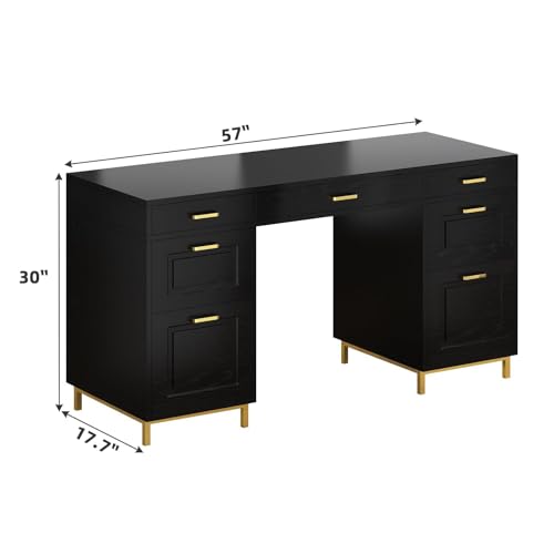 MaverickFurni Black Computer Desk with 7 Drawers, 57 Inch Home Office Desk with File Drawers, Wood Modern Desk with Storage for Bedroom, Executive Desk with Golden Legs and Handles, Black and Gold - color: Black