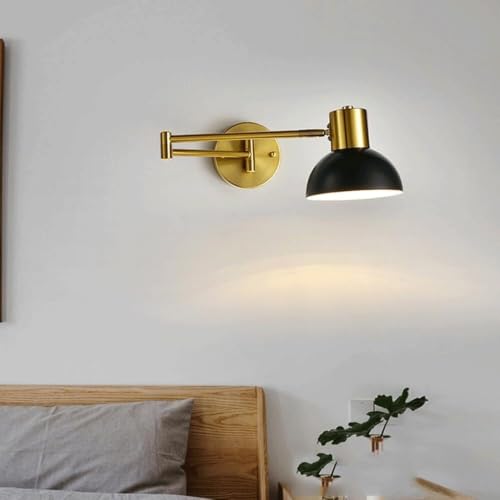 Modern Iron Swing Arm Wall Sconce Gold and Black Adjustable Wall Lamp Fixture for Bedroom Bedside Living Room Reading Mid Century Industrial Wall Mounted Lighting E26 Base Hardwired(Black) - color: Black