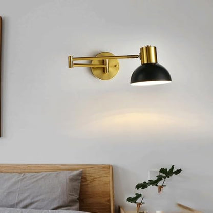 Modern Iron Swing Arm Wall Sconce Gold and Black Adjustable Wall Lamp Fixture for Bedroom Bedside Living Room Reading Mid Century Industrial Wall Mounted Lighting E26 Base Hardwired(Black) - color: Black