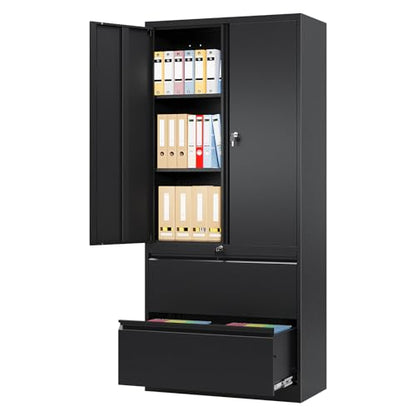2 Drawer Lateral File Cabinet, Office Storage Cabinet with 2 Wide&Deep Drawers and Locking Doors, Black Metal Cabinet with Adjustable Shelves for Home Office, Fits A4/Letter/Legal Size Folders