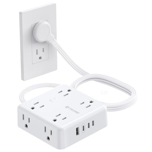 TROND Surge Protector Power Strip, 5ft Flat Plug Extension Cord, White - color: White, size: 5FT, style: Flat Plug