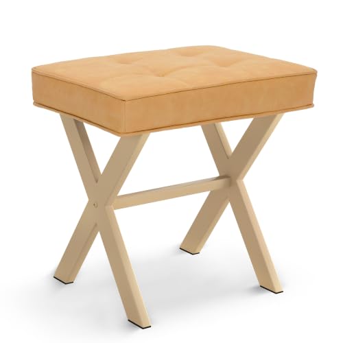 LUE BONA Vanity Stool, Square Linen Makeup Stool with Metal X Legs, Small Ottoman Stool Chair for Vanity, Modern Padded Vanity Seat Foot Rest Stool for Makeup Room, Bathroom, Honey Brown Color - color: Honey Brown