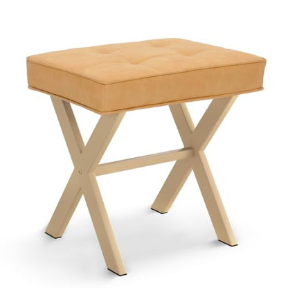 LUE BONA Vanity Stool, Square Linen Makeup Stool with Metal X Legs, Small Ottoman Stool Chair for Vanity, Modern Padded Vanity Seat Foot Rest Stool for Makeup Room, Bathroom, Honey Brown Color - color: Honey Brown