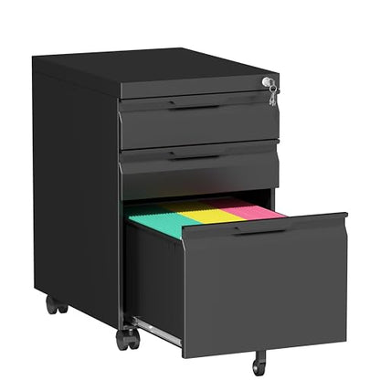 Bestoo Mobile File Cabinet, 3 Drawers Filing Cabinet with Wheels | Lockable, Metal File Cabinet, Under Desk File Cabinet, Suitable for Letter/Legal/A4/ File Folder, Easy to Assemble - color: Black, size: 3Drawer-Mobile-24.2"H