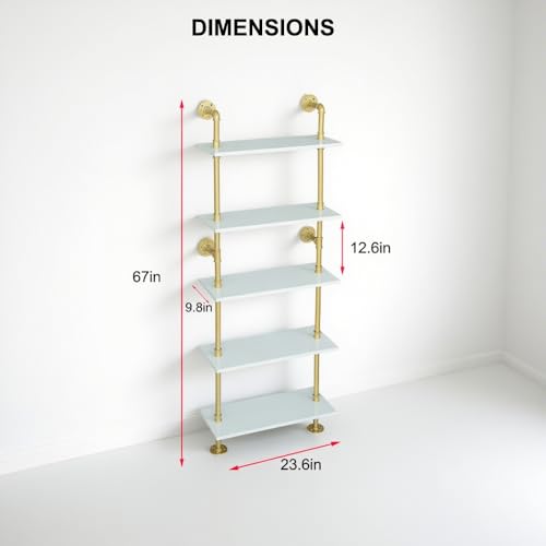 5 Shelf Modern Gold Bookshelf, Wall Mount White Bookcase, Ladder Shelf with Metal Frame, Display Shelf Shelves for Living Room/Home/Office - color: Gold, size: 5 tier