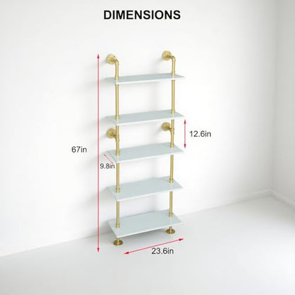 5 Shelf Modern Gold Bookshelf, Wall Mount White Bookcase, Ladder Shelf with Metal Frame, Display Shelf Shelves for Living Room/Home/Office - color: Gold, size: 5 tier