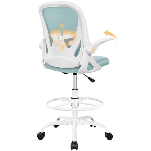 Primy Drafting Chair Tall Office Chair with Flip-up Armrests Executive Ergonomic Computer Standing Desk Chair with Lumbar Support and Adjustable Footrest Ring（Light Blue） - color: Light Blue, size: 934-Z