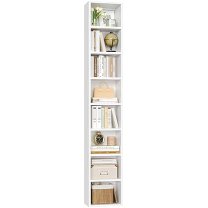 FOTOSOK Bookshelf Bookcase 8-Tier Narrow Bookshelf Tall CD Media Tower Rack | 11.6 X 9.3 X 70.9 White Bookshelf, Tall Narrow Slim Skinny Display Bookcase with Cube Storage and 4 Adjustable Shelves - color: White
