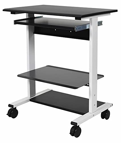 Stand Up Desk Store Mobile Rolling Adjustable Height Standing Workstation with Printer Shelf and Slideout Keyboard Tray (White Frame/Black Top, 30" Wide) - color: White/Black