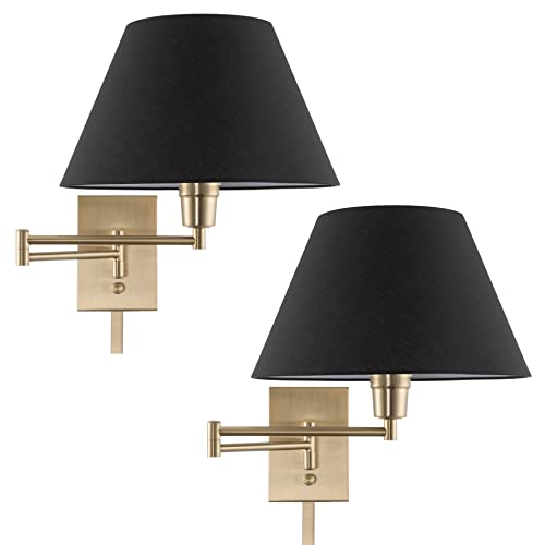 Kira Home Cambridge 15" Modern Swing Arm Wall Sconce + 3-Way Switch, 2-Pack | Black Empire Fabric Shade, 2-in-1 Plug In or Hardwired Gold Bedroom Wall Lamp with Dimmer Switch, Cool Brass Finish - color: Cool Brass,Black Shade,2-Pack