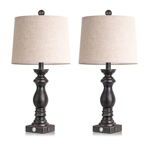 24.5" Table Lamp Set of 2, Rustic Farmhouse Bedside Lamps with USB A+C Charging Ports, 3-Way Dimmable Touch Control Nightstand Lamps for Living Room Bedroom, Antique Black, LED Bulbs Included - color: Antique Black