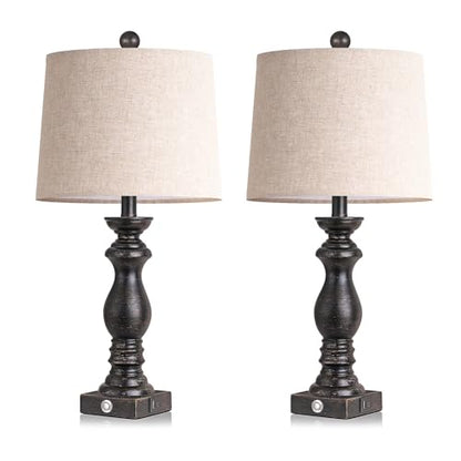 24.5" Table Lamp Set of 2, Rustic Farmhouse Bedside Lamps with USB A+C Charging Ports, 3-Way Dimmable Touch Control Nightstand Lamps for Living Room Bedroom, Antique Black, LED Bulbs Included - color: Antique Black