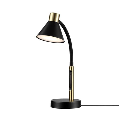Globe Electric 62000034 15" LED Integrated Desk Lamp, Matte Black, Brass Accent, Adjustable Gooseneck, Dimmable, 3 Color Temperature, 7.5W, 90 CRI, 400 Lumens, Reading Light, Dorm Room Essentials - color: Matte Black, Albert