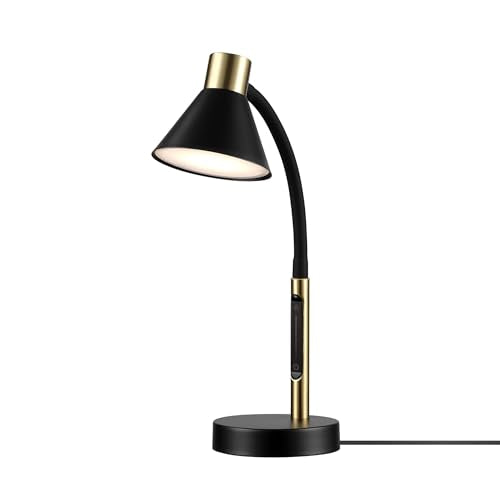 Globe Electric 62000034 15" LED Integrated Desk Lamp, Matte Black, Brass Accent, Adjustable Gooseneck, Dimmable, 3 Color Temperature, 7.5W, 90 CRI, 400 Lumens, Reading Light, Dorm Room Essentials - color: Matte Black, Albert