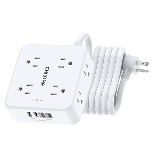 10Ft Surge Protector Power Strip - CHCORE Flat Plug Extension Cord with 8 Outlets and 4 USB Ports(2 USB C), 3 Side Wall Mount Outlet Extender for Home Dorm Room Essentials, ETL Listed, White - color: White(Round Cord), size: 10 Ft