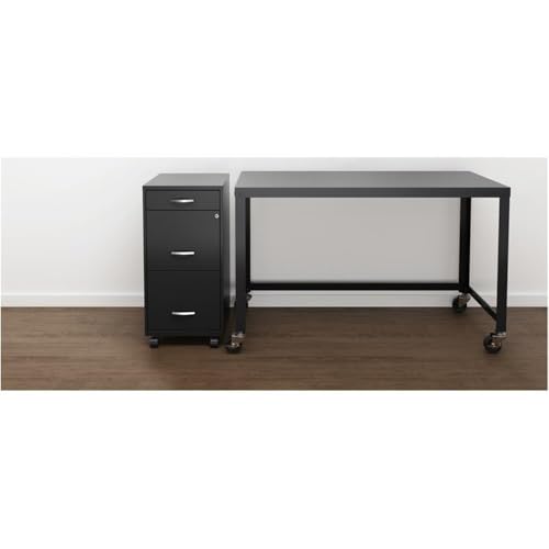 Pemberly Row Mobile Metal Vertical Filing Cabinet, 18" Deep, 3 Drawer, Black Finish, Compact Rectangle Design with Casters, Lockable Storage for Letter Files and Office Supplies, Suitable for Home or - color: Black