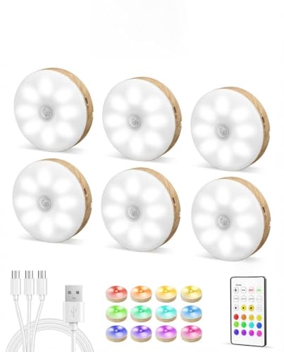 EZVALO Under Cabinet Lighting, 1000mAh Rechargeable Puck Lights with Remote, 3 Color Temps & 12 RGB Motion Sensor Closet Lights Indoor, Dimmable Under Counter Lights for Kitchen (Wood Grain, 6 Packs) - color: Wood Grain
