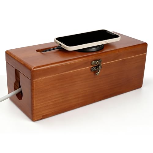 Cable Management Box with Clasp, Soild Wood Cord Box with 4 Open Slots, Cable Box to Hide Cords and Power Strip - size: Medium
