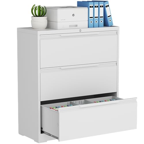 3 Drawer Metal Lateral File Cabinet with Lock for Home Office | 35.5 Inch Ultra Spacious Tabletop,330 LBS Max Weight Capacity,Fits Letter/Legal/F4/A4 Size,Fast Easy Assemble,White - color: White, size: 15.7"D x 35.4"W x 40"H（3 Drawers）