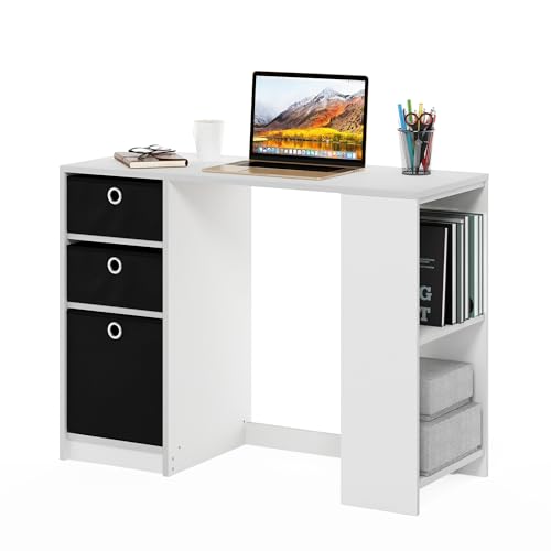 Furinno Jaya Desk, 39.4" Wide Gaming Desk with Drawer Bins, Computer Desk with Side Book Shelf, Writing Desk, Office Desk for Home Office, Study Room, Dorm, Bedroom, White - color: White/Black, size: With Drawer, 32.2 in. x 15.5 in.