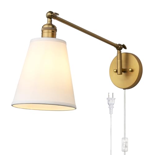 PERMO Retro Swing Arm Wall Sconce Plug in Wall Lamp Single Sconce Light Fixture with White Fabric Shade for Bedroom Living Room Home Office - color: Antique Gold