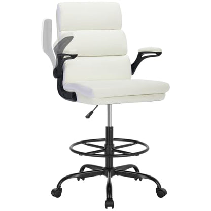 amseatec Drafting Chair, Tall Office Chair with Footrest for Standing Desk | 3-zone backrest and dual-layer cushion add comfort; 90° flip-up armrests plus adjustable foot ring fit counter-height tables - color: White