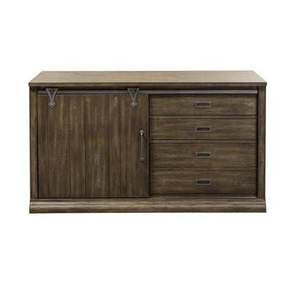 Pemberly Row Mid-Century Wood Computer Credenza, 54 in Wide, Rustic Saddle Brown Finish, Sliding Barn Door Design, Adjustable Shelves, File Drawer, Wire Management, Home Office Storage Cabinet