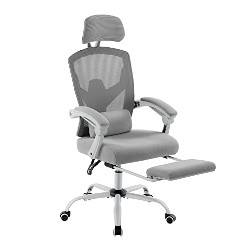Simple Deluxe Home Office Desk Chair with Footrest, High-Back Mesh Rolling Swivel Reclining Chairs with Wheels, Comfortable Headrest, Lumbar Support, Comfy Arms - color: Grey