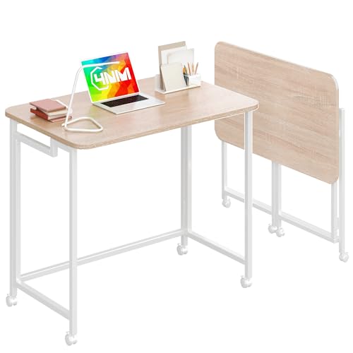 4NM 27.5" Mobile Small Rolling Computer Desk, Folding Laptop Cart Table with Wheels, Portable Office Desk for Small Space Couch Bed - Natural and White - color: Natural and White, size: 27.5"