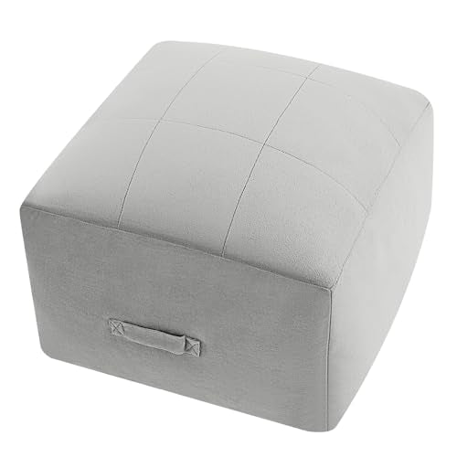 MeMoreCool Square Stuffed Pouf Ottoman Foot Rest, Floor Pouf Foot Stool with Foam Chunk Filling, Soft Stuffed Ottoman Footrest for Living Room, Light Grey - color: Grid Light Grey
