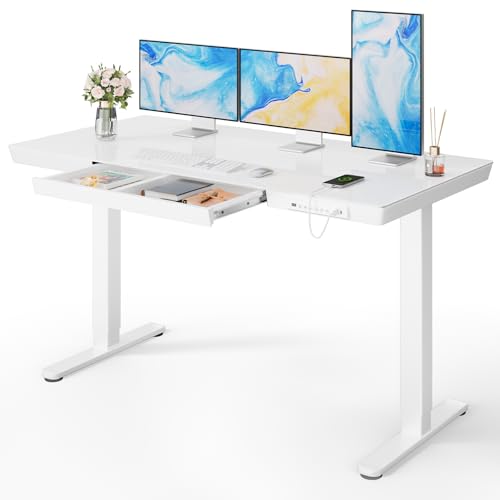Marsail Glass Standing Desk with Drawer,55 x 28 inch Electric Standing Desk, Adjustable Height Desk with Storage & USB Charging Ports, One-Piece Standing Desk for Home & Office, White