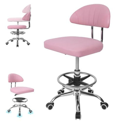 Height Adjustable Office Chair, 360-Degree Swivel Drafting Chair, Backrest, Foot Rest, 220lbs Load-Bearing, Ergonomic Rolling Computer, Lumbar Support, Home Studio Dental Salon Pink - color: Pink
