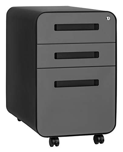 Laura Davidson Furniture Stockpile 3 Drawer File Cabinet with Lock - Under Office Desk Metal Filing Cabinet, Legal/Letter File Folders, Wheels and Stationary Feet, Pre-Assembled, Black/Grey - color: Black/Grey