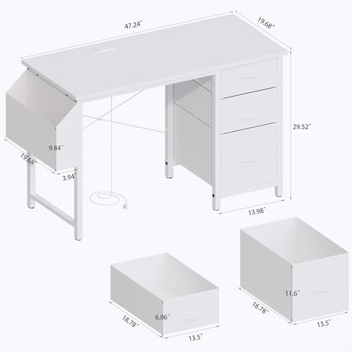 Reversible Computer Desk Gaming Desk with Power Outlet and 47" Desktop, Modern Writing Study Work Table with 3 Fabric Drawers and Extra Large Side Pocket for Bedroom, White