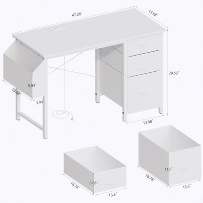 Reversible Computer Desk Gaming Desk with Power Outlet and 47" Desktop, Modern Writing Study Work Table with 3 Fabric Drawers and Extra Large Side Pocket for Bedroom, White